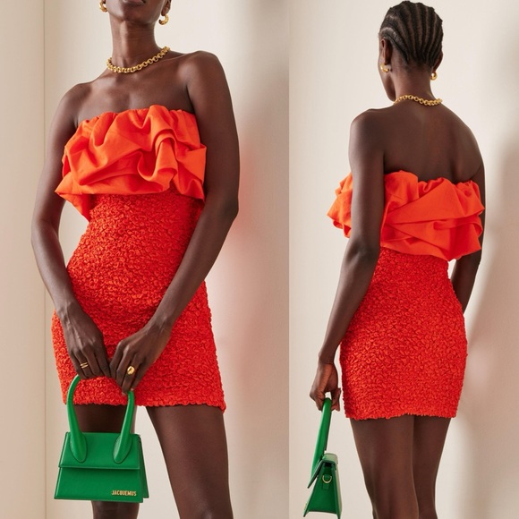 Mara Hoffman Kenza ruffled smocked popcorn strapless mini dress in poppy - Picture 2 of 6